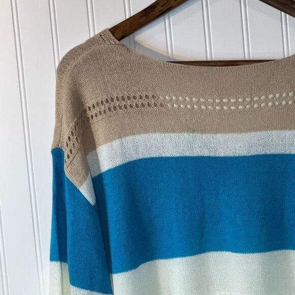 Striped Sweater Womens Large Blue And White Cottage Core Loose Casual Knit Top - Picture 8 of 12